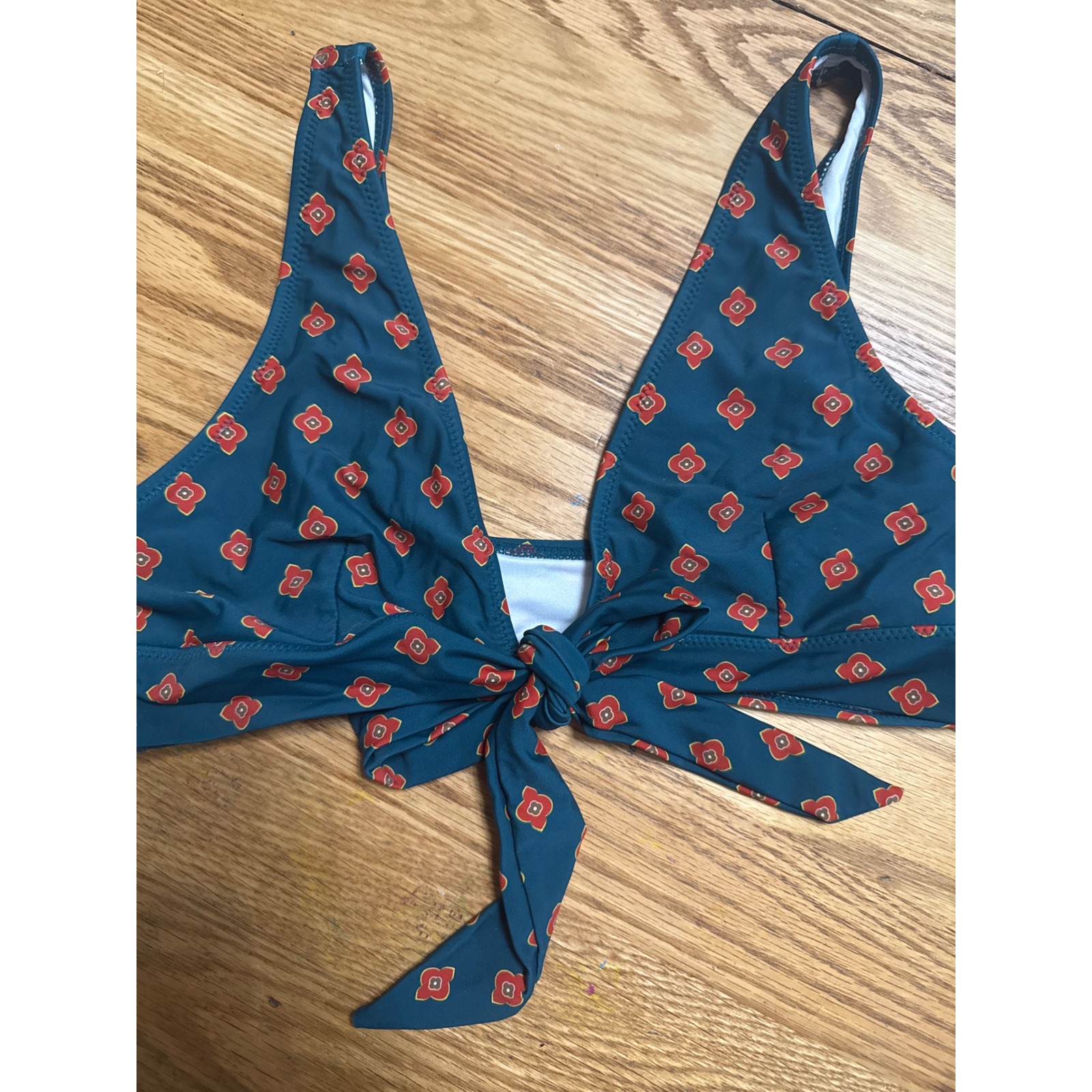 Teal Geometric Floral Tie Front Bikini Top Medium Boho Swimwear
